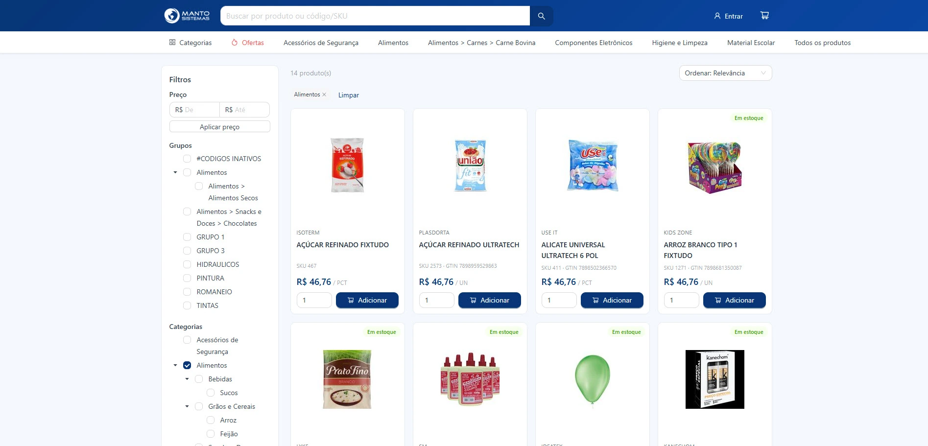 Catálogo da Loja B2B do Manto ERP com filtros de preço, grupo e categoria, SKU e GTIN no card e botão de adicionar ao carrinho