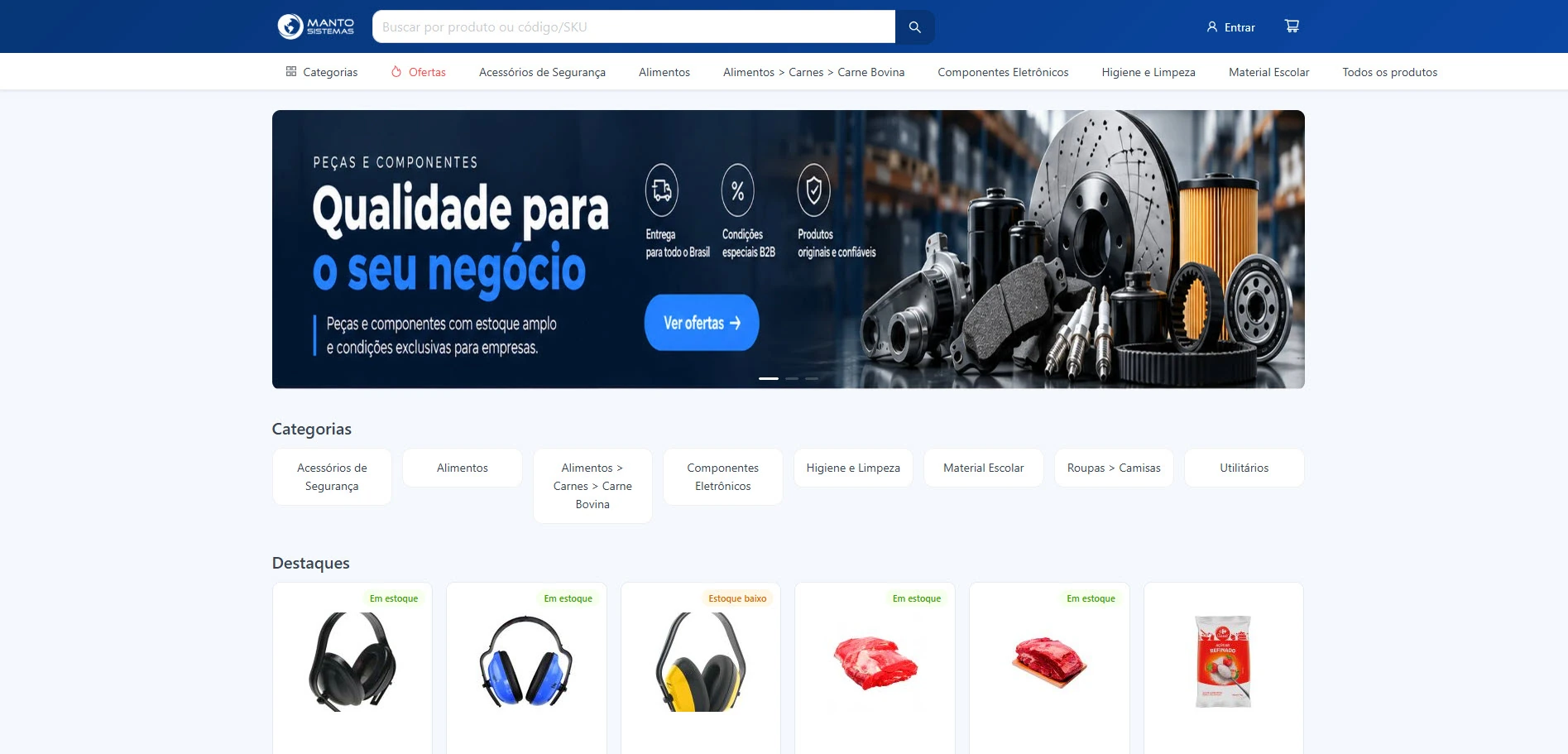 Vitrine da Loja B2B do Manto ERP, com banner promocional do lojista, busca por produto ou SKU, menu de categorias e destaques com indicação de estoque