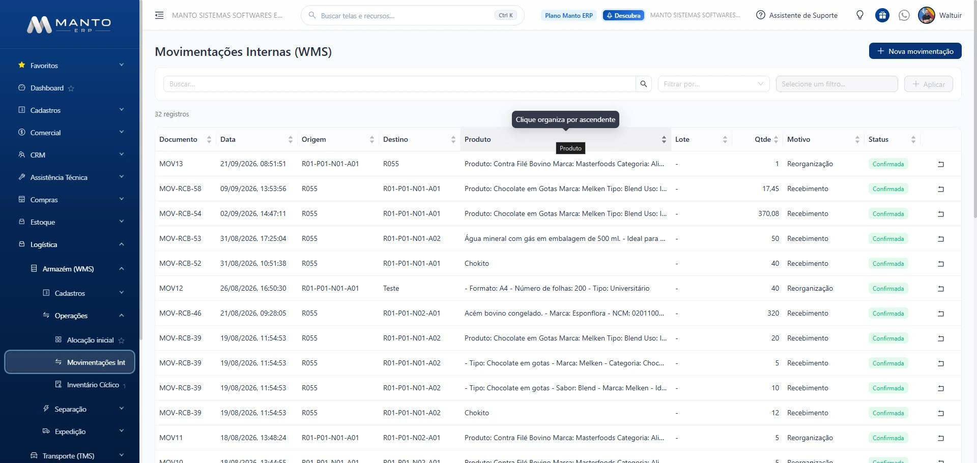 Movimentações internas do WMS do Manto ERP, com documento, data, endereço de origem e destino, produto, quantidade e motivo