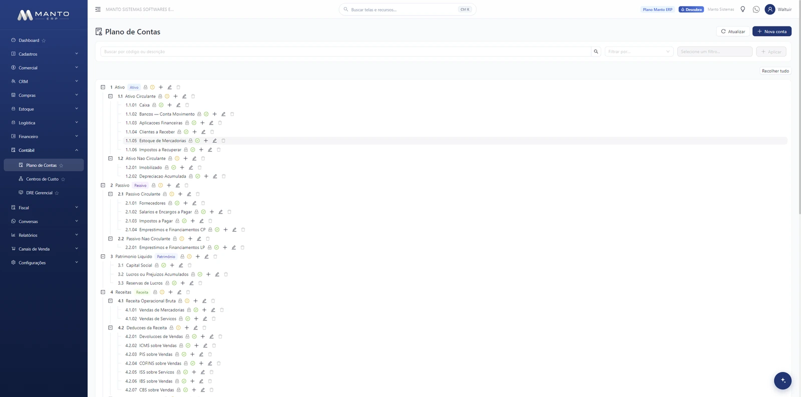 Plano de contas hierárquico do Manto ERP, com ativo, passivo, patrimônio líquido e receitas