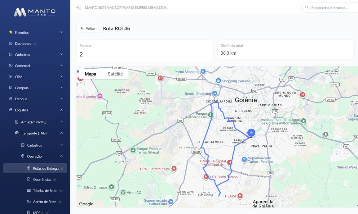 Rota de entrega do módulo TMS do Manto ERP, com número de paradas, distância total e traçado no mapa